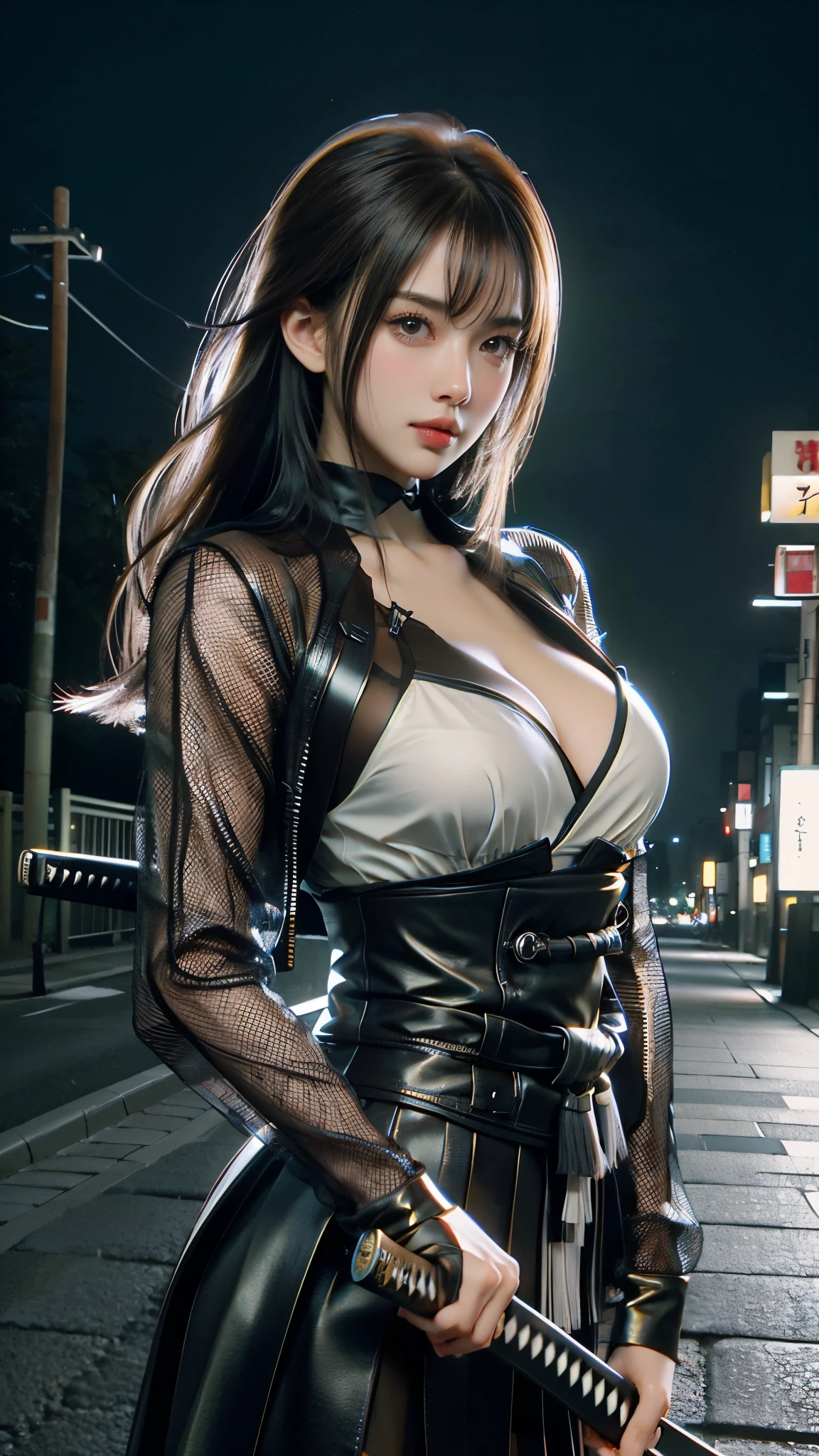 1girl,Tokyo Street,night,cityscape,facial details,city lights,half body view,big ,cleavage,8k,RAW photo,best quality,masterpiece,realistic,photo-realistic,best quality,masterpiece,very high resolution  , (photorealistic:1.3 ), 8K, raw photo, 1girl, ninja armor, outdoors, old Japanese town, from below, (holding katana:1.2), katana, ninja girl, natural skin texture, samurai, skin pores  , natural skin texture, dynamic pose, film grain, 