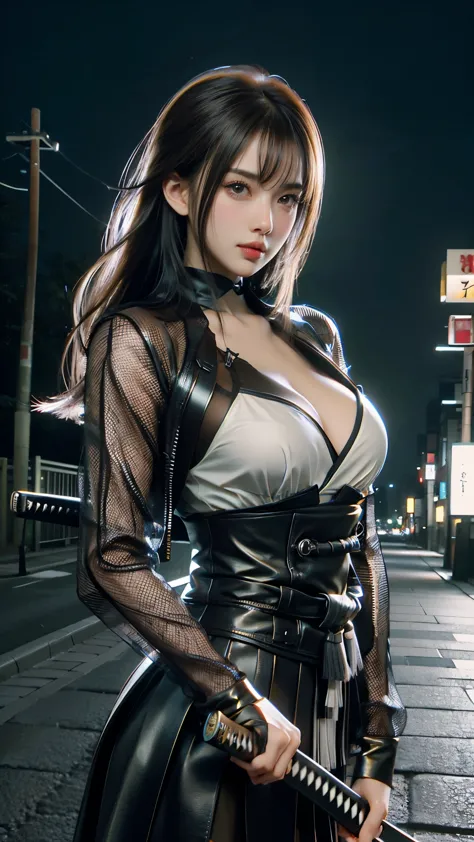 1girl,Tokyo Street,night,cityscape,facial details,city lights,half body view,big ,cleavage,8k,RAW photo,best quality,masterpiece...