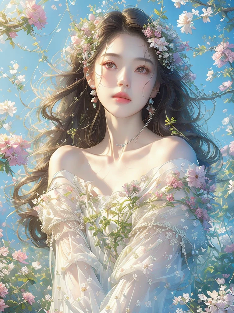 Realistic photos (one cute korean actress) Straight long hair, light makeup, (((Transparent white skin 1.5)))Medium chest,, close, Canon EOS 8K high resolution captures facial features clearly, Sharp details, Realistically、White lace dress、Off the shoulder、See-through、Surrounded by countless flowers、