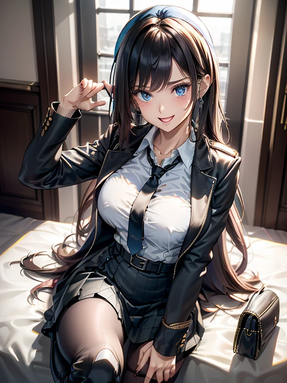 (from above:1.2),(Beautiful Allafed Woman),(((emphasizing breasts:1.0))),(Dynamic angles),(Dynamic and sexy bending pose:1.3),(sit a chair:1.3),(masterpiece:1.2), (Military uniform magazine cover:1.4),best quality,PIXIV,Sweet girl , sexy posture,1girl, (perky chest:1.2), rolling upskirt by wind:1.6, (with sparkling eyes and a contagious smile),open mouth, (pointed chest:1.2),fishnets, black hair, boots, long hair, black nails, skirt, shirt, solo, black footwear, bag, black skirt, jewelry, sitting, jacket, on head, black jacket, thigh strap, bangs, necktie, earrings, nail polish, white shirt, fishnet pantyhose, pantyhose, platform footwear, multicolored hair, looking at viewer, full body, bottle, own hands together, belt, jacket on shoulders, food, animal on head, black necktie, ring, choker, english text, collared shirt, blue eyes, platform boots, hat, cross-laced footwear, lace-up boots ,A scene of cooking in the kitchen
