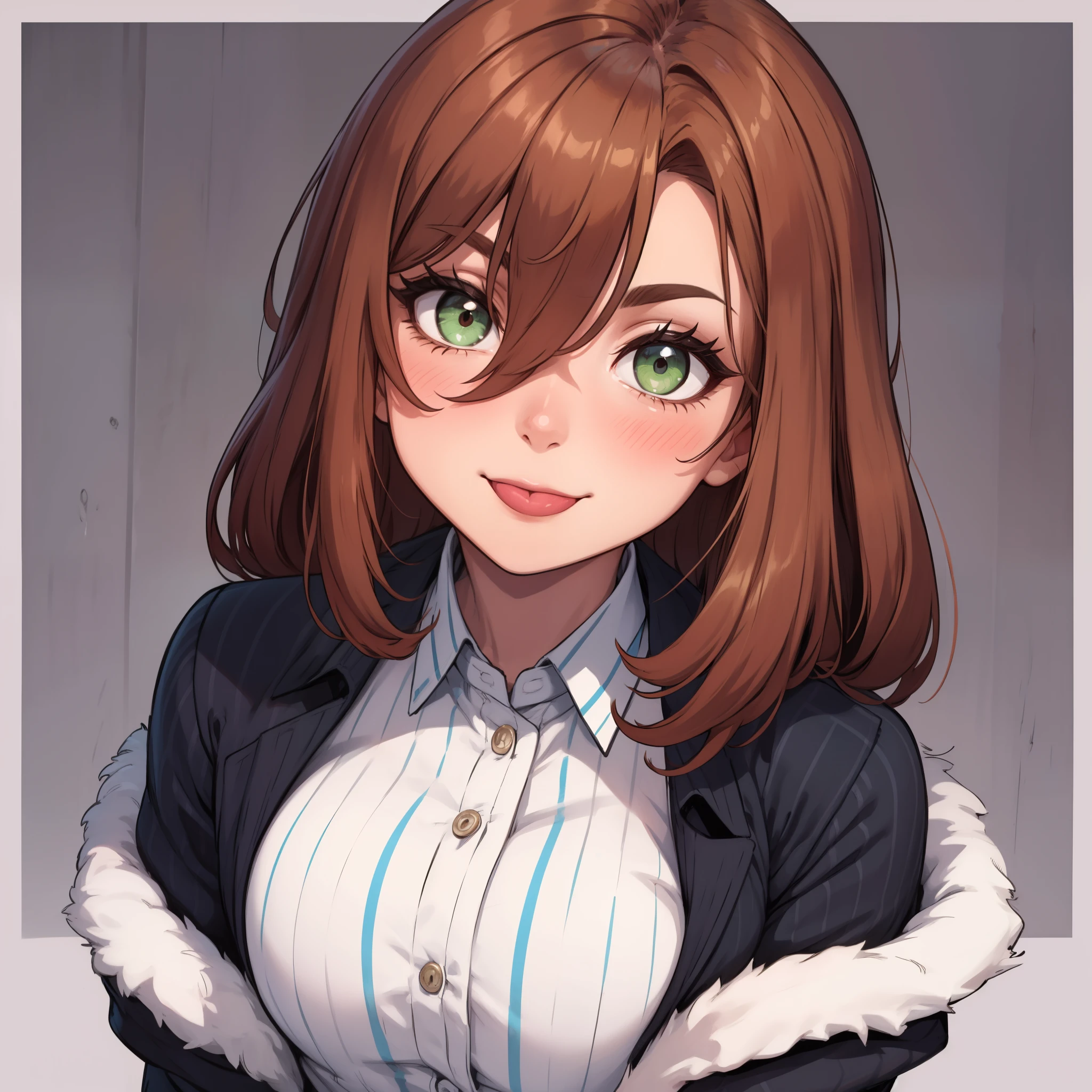 rating:safe, 1girl, green_eyes, tongue, striped, tongue_out, shirt, vertical_stripes, looking_at_viewer, blush, smile, eyebrows_visible_through_hair, solo, brown_hair, collared_shirt, bangs, white_shirt, long_sleeves, jacket, diagonal_stripes, striped_background, hair_between_eyes, upper_body, striped_shirt, vertical-striped_shirt, :p