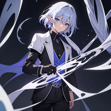 cool blue-purple heterochromia, lone male elf, wearing a white shirt, black slacks, and black gloves, silver straight hair, (hig...