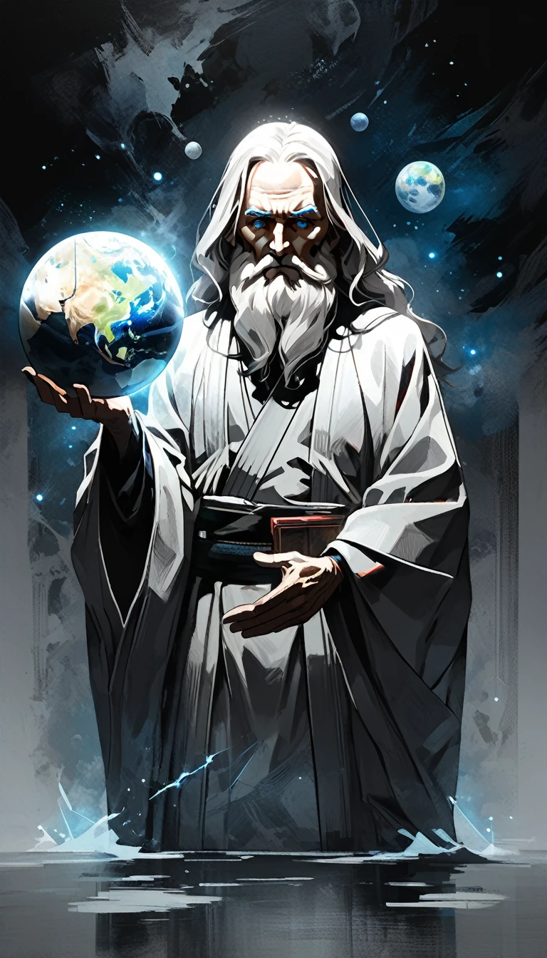 glow ball in hands,dark, dark atmosphere, deep shadow, shadow, spirit, portrait Elderly Man in (gray kimono) holds in his hands the planet earth, outer space, vishai, a giant Elderly Man between whose hands is the earth, geometric composition, Elderly, [Nordic] anorexic , Long gray hair, Old white skin, Round glow blue eyes, Oval faces, anorexic small neck, Thin nude Lips, Bold Tapered gray Eyebrows, snub nose, Hunched Shoulders, Slim Thighs, anorexic Slim arms legs and breast, High Angled Cheekbones, Hollow Cheeks, Rounded Chin, Rounded Jawline, Attached Pointed ears, round forehead, Designer Stubble gray whiskers, triangular small gray hair beard, graphic style of novel comics,dark novel style, comic, 2d, 8k, hyperrealism, masterpiece, high resolution, best quality, ultra-detailed, super realistic, Hyperrealistic art, high-quality, ultra high res, highest detailed, lot of details, Extremely high-resolution details, incredibly lifelike, colourful, soft cinematic light,