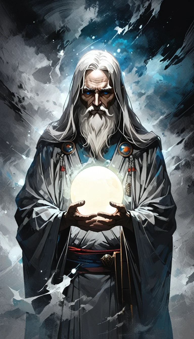 glow ball in hands,dark, dark atmosphere, deep shadow, shadow, spirit, portrait Elderly Man in (gray kimono) holds in his hands the planet earth, outer space, vishai, a giant Elderly Man between whose hands is the earth, geometric composition, Elderly, [Nordic] anorexic , Long gray hair, Old white skin, Round glow blue eyes, Oval faces, anorexic small neck, Thin nude Lips, Bold Tapered gray Eyebrows, snub nose, Hunched Shoulders, Slim Thighs, anorexic Slim arms legs and breast, High Angled Cheekbones, Hollow Cheeks, Rounded Chin, Rounded Jawline, Attached Pointed ears, round forehead, Designer Stubble gray whiskers, triangular small gray hair beard, graphic style of novel comics,dark novel style, comic, 2d, 8k, hyperrealism, masterpiece, high resolution, best quality, ultra-detailed, super realistic, Hyperrealistic art, high-quality, ultra high res, highest detailed, lot of details, Extremely high-resolution details, incredibly lifelike, colourful, soft cinematic light,