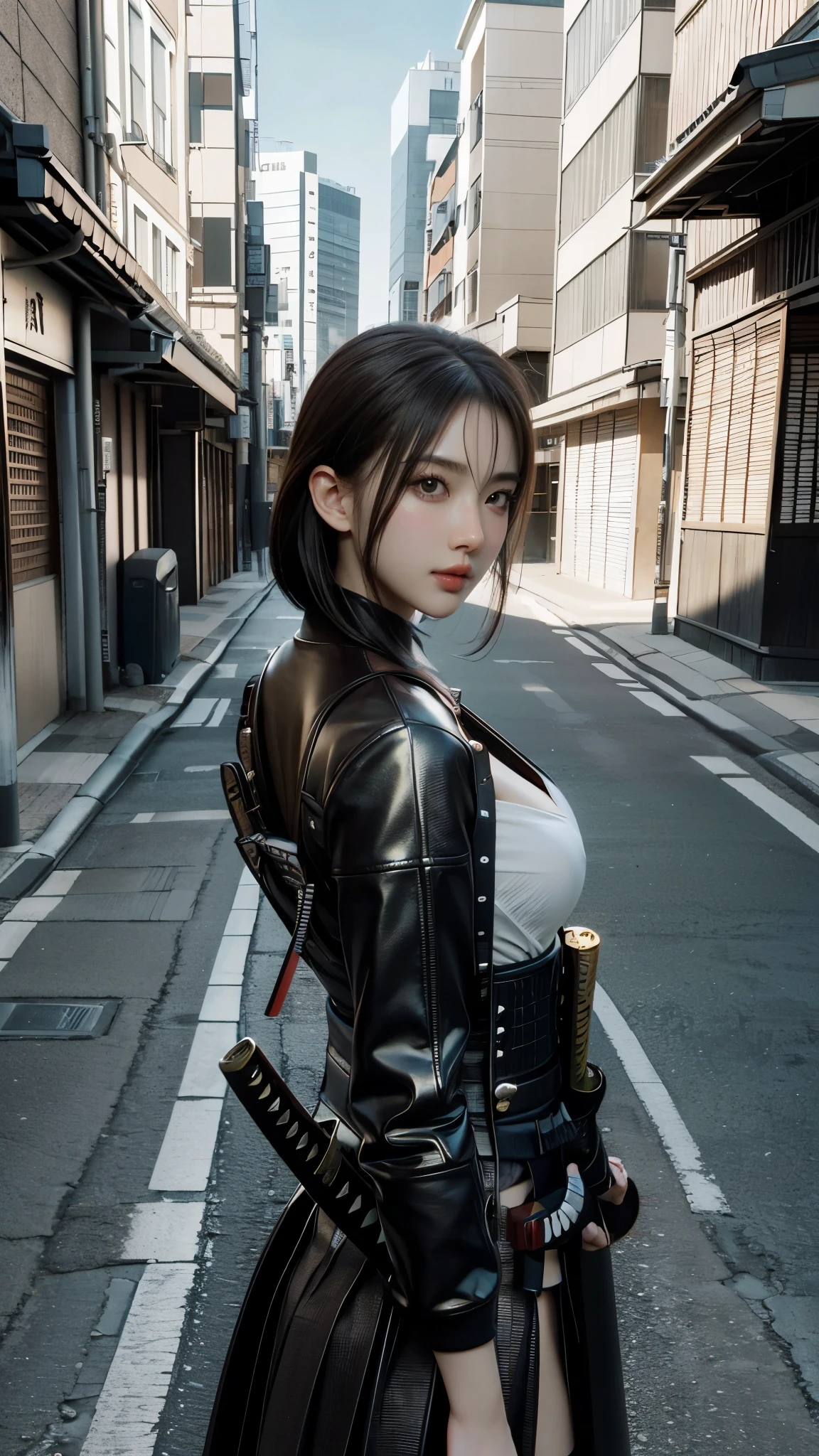 1girl,Tokyo Street,night,cityscape,facial details,city lights,half body view,big ,cleavage,8k,RAW photo,best quality,masterpiece,realistic,photo-realistic,best quality,masterpiece,very high resolution  , (photorealistic:1.3 ), 8K, raw photo, 1girl, ninja armor, outdoors, old Japanese town, from below, (holding katana:1.2), katana, ninja girl, natural skin texture, samurai, skin pores  , natural skin texture, dynamic pose, film grain, 