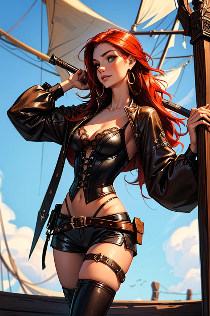 (masterpiece), best quality, expressive eyes, perfect face, (pirate ship background), (standing), (smirk), (closeup view), (1girl,freckled skin,glossy skin, red hair,green eyes, hourglass figure, thin body, skinny body, petite_body, medium breasts, thick thighs, long fingernails, hoop earrings, white front lace blouse, long sleeve, loose fit, black leather corset, brown leather shorts, brown boots, sheathed cutlass sword, flintlock pistol in holster, hoop earrings, miscellaneous jewelry) thong straps