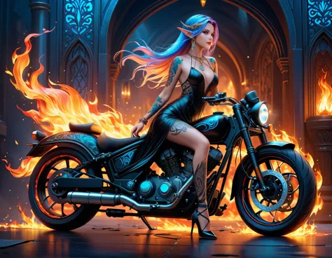 Arabic, Dark fantasy art, fantasy art, Gothic Kunst, a picture of a tattooed elf next to her motorcycle (​masterpiece, best deta...