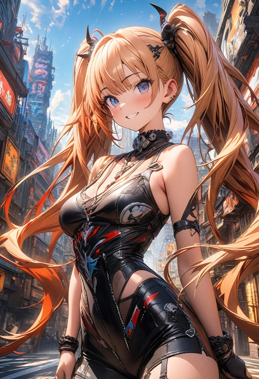 舌、masterpiece, best quality, extremely detailed CG unity 8k wallpaper, A gal with twin tails. Unusual fashion. The background is a cityscape lined with buildings. Octane rendering style. 2.5D art.