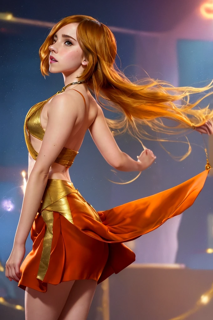 1girl,Emma Watson mix Scarlett Johansson, gold doctor straight slip dress , Fantasy gold Dwarf armer, wearing dark orange mini skirt fabric , (perfect big breasts:1.5, small waist, medium hips, perfect face)