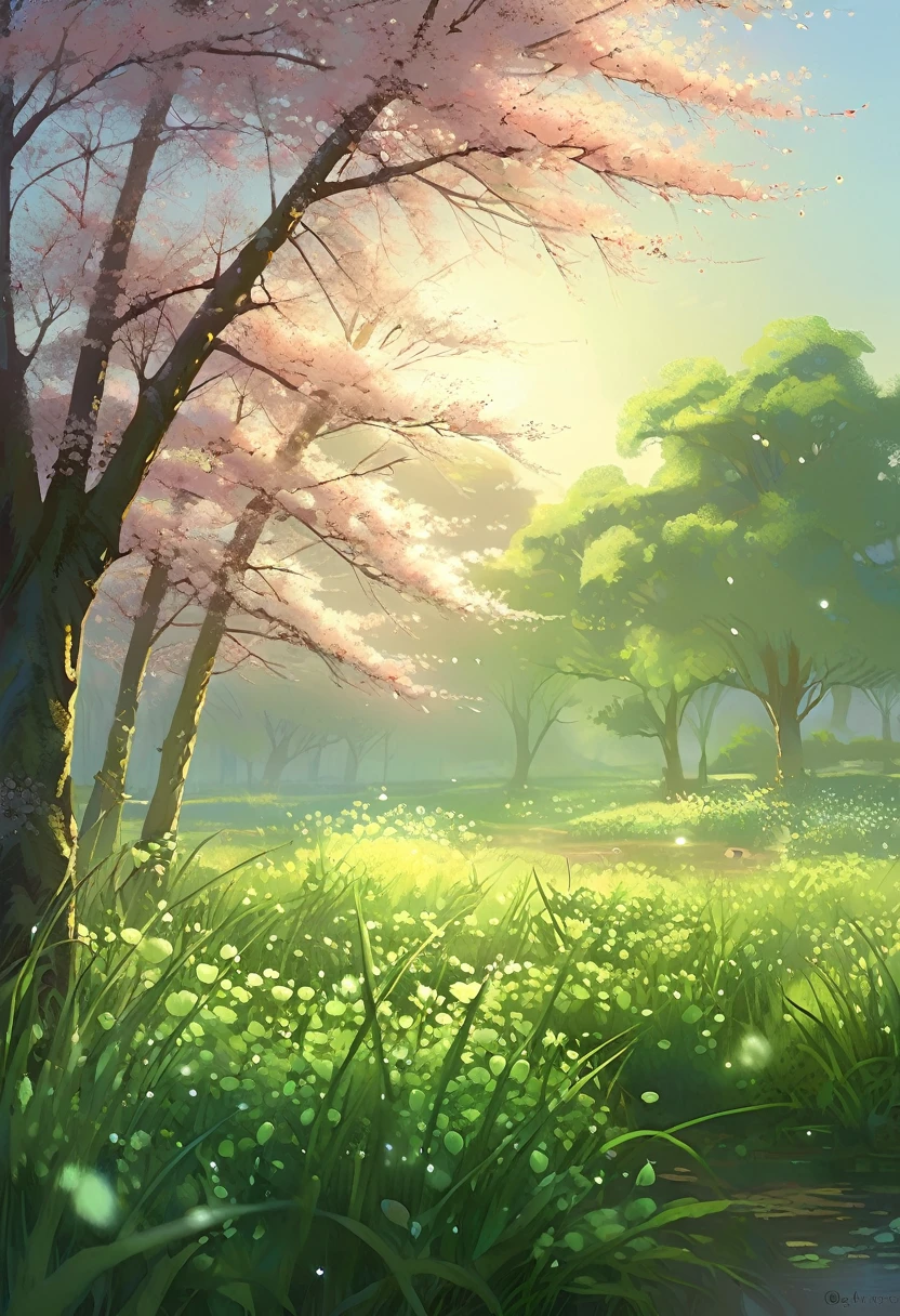 (no characters)Glimmer in the morning. The glimmer of the rising sun in the spring morning shines through the gaps between the leaves.，Create a warm atmosphere。 The rising sun，shed a soft light，Create a peaceful atmosphere in the early morning，The grass is covered with crystal clear morning dew，Feel the refreshing coolness, the shimmer, and the new green buds all have the characteristics and charm of spring.。Early morning sun、The blooming of elegant flowers, a joyful moment on a spring morning, super detailed quality，meticulous，HD super complex，Extremely complex, soft and natural light and shadow , masterpiece,Realistic top works