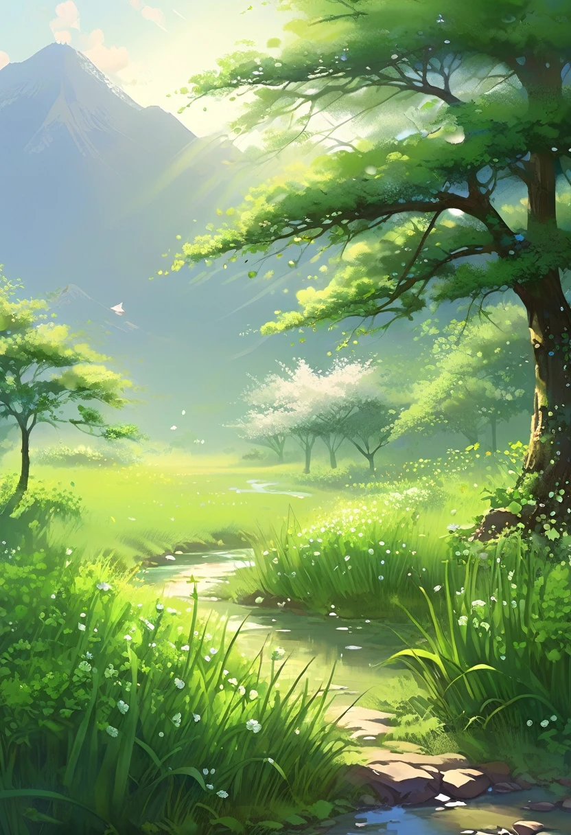 (no characters)Glimmer in the morning. The glimmer of the rising sun in the spring morning shines through the gaps between the leaves.，Create a warm atmosphere。 The rising sun，shed a soft light，Create a peaceful atmosphere in the early morning，The grass is covered with crystal clear morning dew，Feel the refreshing coolness, the shimmer, and the new green buds all have the characteristics and charm of spring.。Early morning sun、The blooming of elegant flowers, a joyful moment on a spring morning, super detailed quality，meticulous，HD super complex，Extremely complex, soft and natural light and shadow , masterpiece,Realistic top works