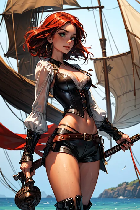 (masterpiece), best quality, expressive eyes, perfect face, (pirate ship background), (standing), (smirk), (closeup view), (1gir...