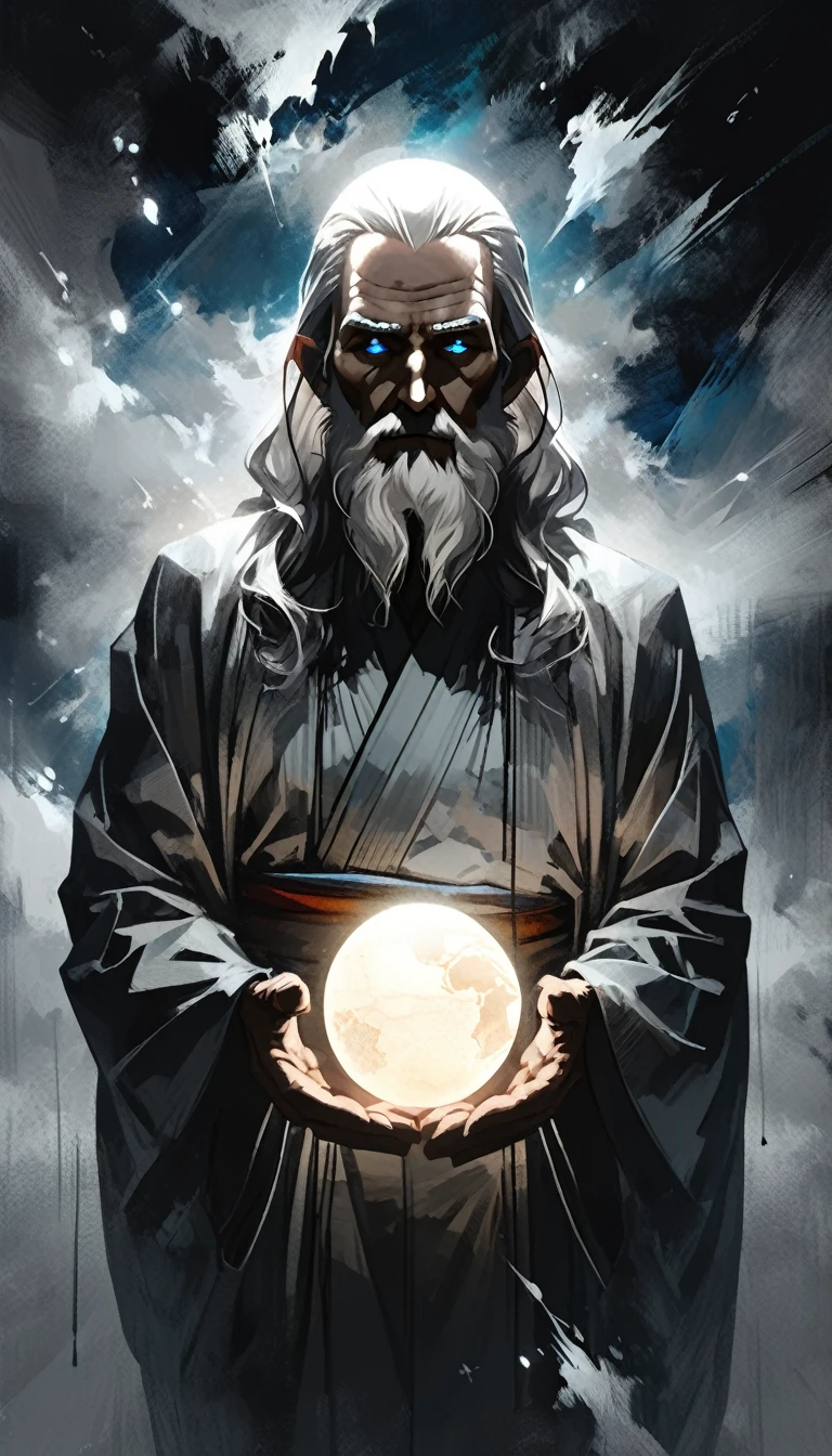 glow ball in hands,dark, dark atmosphere, deep shadow, shadow, spirit, portrait Elderly Man in (gray kimono) holds in his hands the planet earth, outer space, vishai, a giant Elderly Man between whose hands is the earth, geometric composition, Elderly, [Nordic] anorexic , Long gray hair, Old white skin, Round glow blue eyes, Oval faces, anorexic small neck, Thin nude Lips, Bold Tapered gray Eyebrows, snub nose, Hunched Shoulders, Slim Thighs, anorexic Slim arms legs and breast, High Angled Cheekbones, Hollow Cheeks, Rounded Chin, Rounded Jawline, Attached Pointed ears, round forehead, Designer Stubble gray whiskers, triangular small gray hair beard, graphic style of novel comics,dark novel style, comic, 2d, 8k, hyperrealism, masterpiece, high resolution, best quality, ultra-detailed, super realistic, Hyperrealistic art, high-quality, ultra high res, highest detailed, lot of details, Extremely high-resolution details, incredibly lifelike, colourful, soft cinematic light,