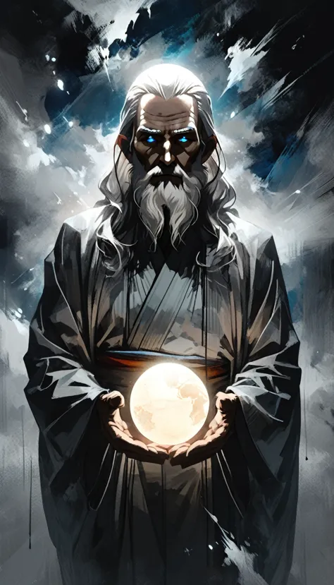 glow ball in hands,dark, dark atmosphere, deep shadow, shadow, spirit, portrait Elderly Man in (gray kimono) holds in his hands ...