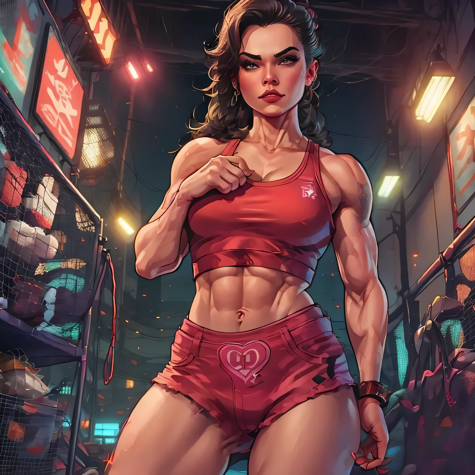 ((bomba de tripas)) ((Mira hacia el techo))((Disfraz llamativo de luchador profesional.))(((femenino professional wrestler))) (((muscular))) ((Lugar de encuentro de lucha libre profesional)) ((interior))femenino (((abdominales)))(((Luchadora profesional femenina)))) escotemonitor grandelucha profesional iluminación lugar del partido cóctel luz multitud,,