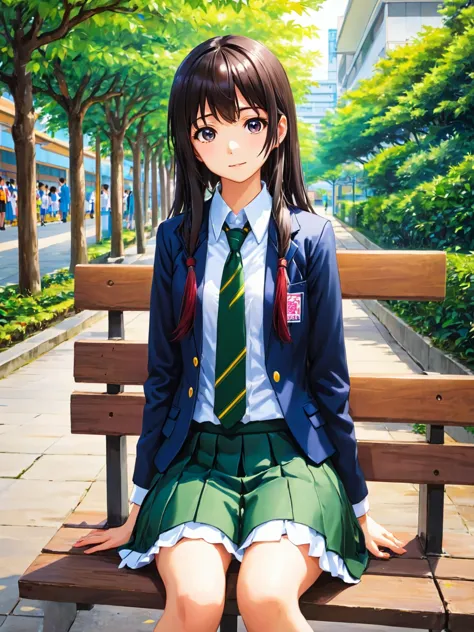 there is a woman sitting on a bench with a tie on, anime thai girl, japanese girl school uniform, japanese , wearing japanese , ...