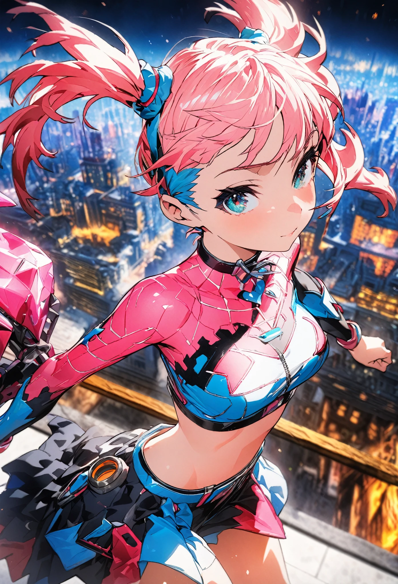 masterpiece, best quality, extremely detailed CG unity 8k wallpaper, A gal with twin tails. Unusual fashion. The background is a cityscape lined with buildings. Octane rendering style. 2.5D art.