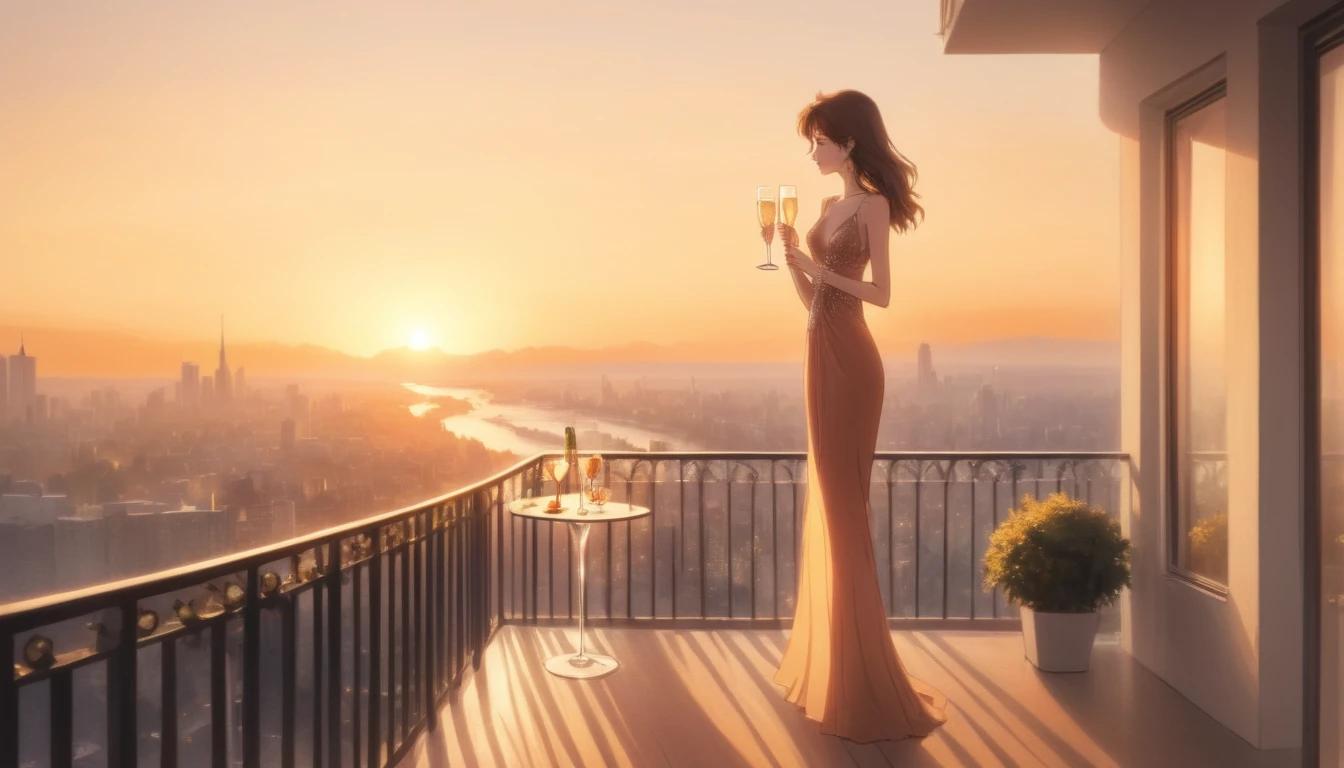 Balcon du soir, femme avec une coupe de champagne, Beau coucher de soleil, élégant et serein, Haute résolution, tons chauds, Paysage urbain au loin, ambiance paisible