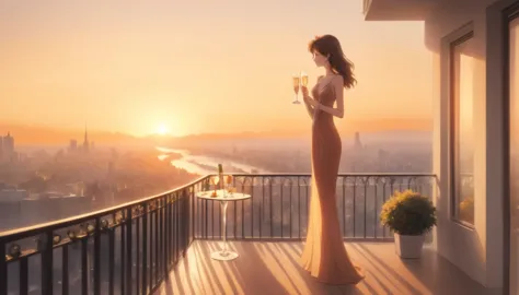 Evening balcony, woman with a glass of champagne, beautiful sunset, elegant and serene, high resolution, warm tones, cityscape i...