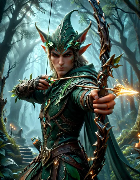 wood elf hunter, male focus, tree spirit symbols and patterns, dark ethereal fantasy forest at night, (holding an elf bow: 1.5),...