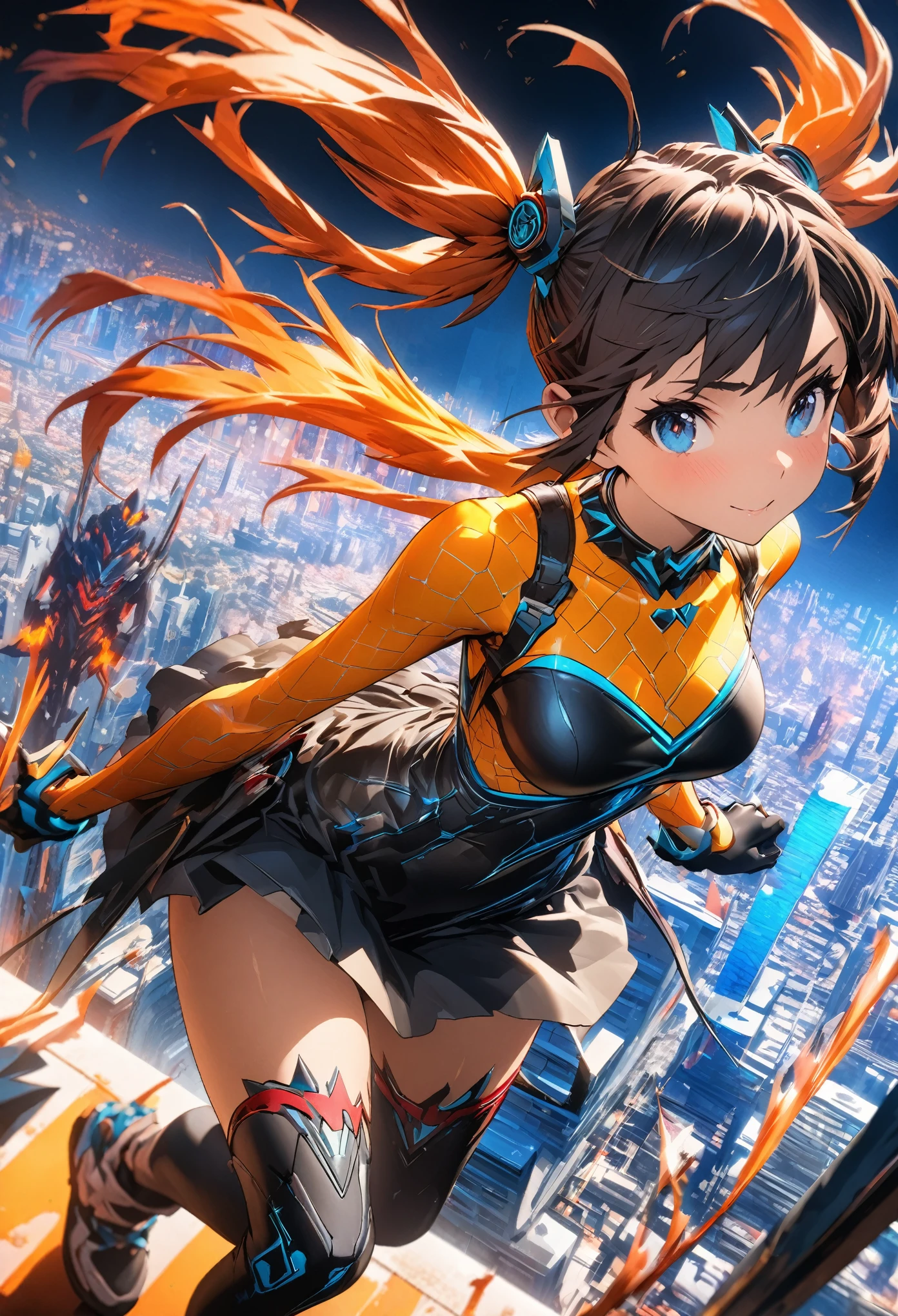 masterpiece, best quality, extremely detailed CG unity 8k wallpaper, A gal with twin tails. Unusual fashion. The background is a cityscape lined with buildings. Octane rendering style. 2.5D art.