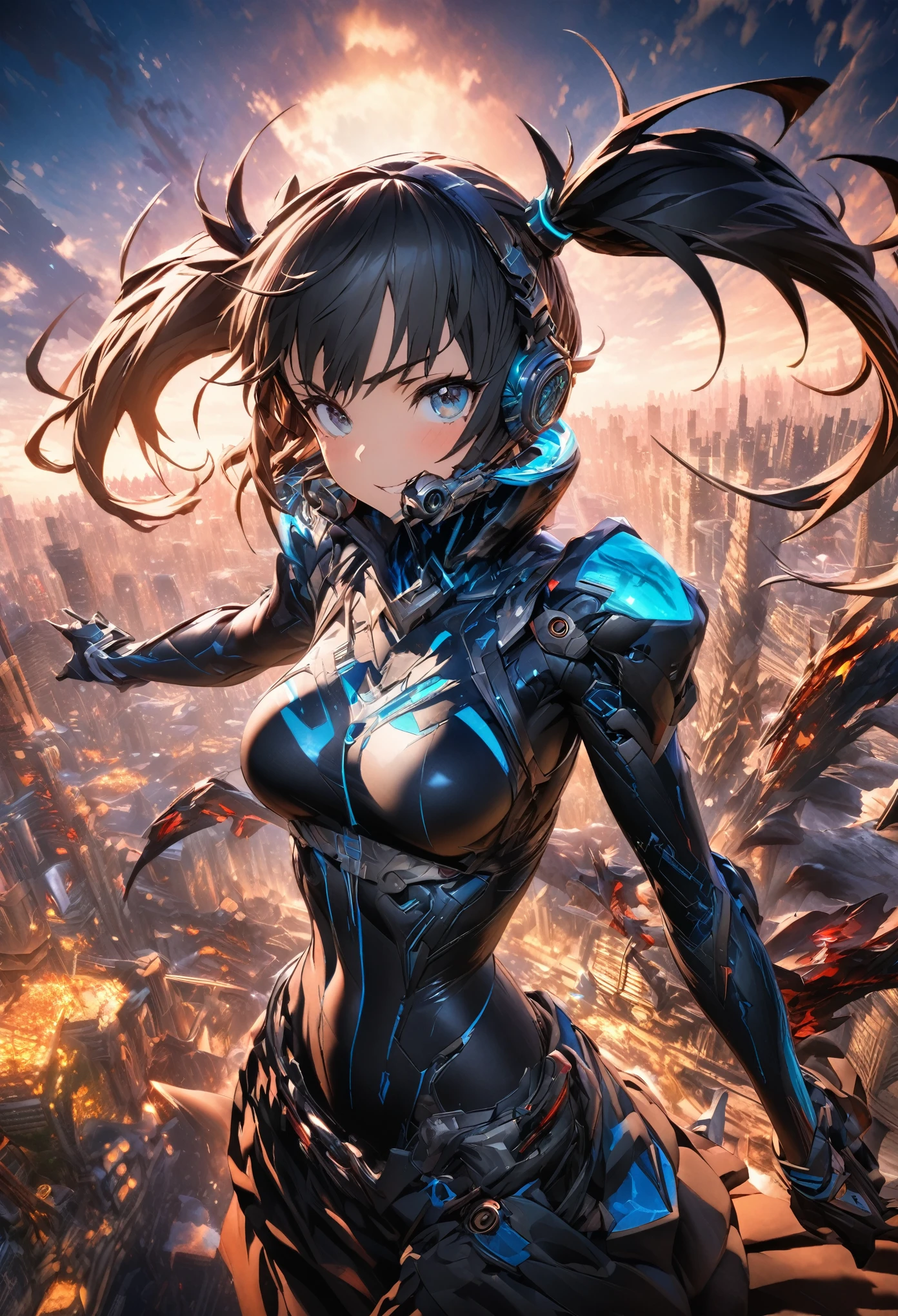 masterpiece, best quality, extremely detailed CG unity 8k wallpaper, A gal with twin tails. Unusual fashion. The background is a cityscape lined with buildings. Octane rendering style. 2.5D art.