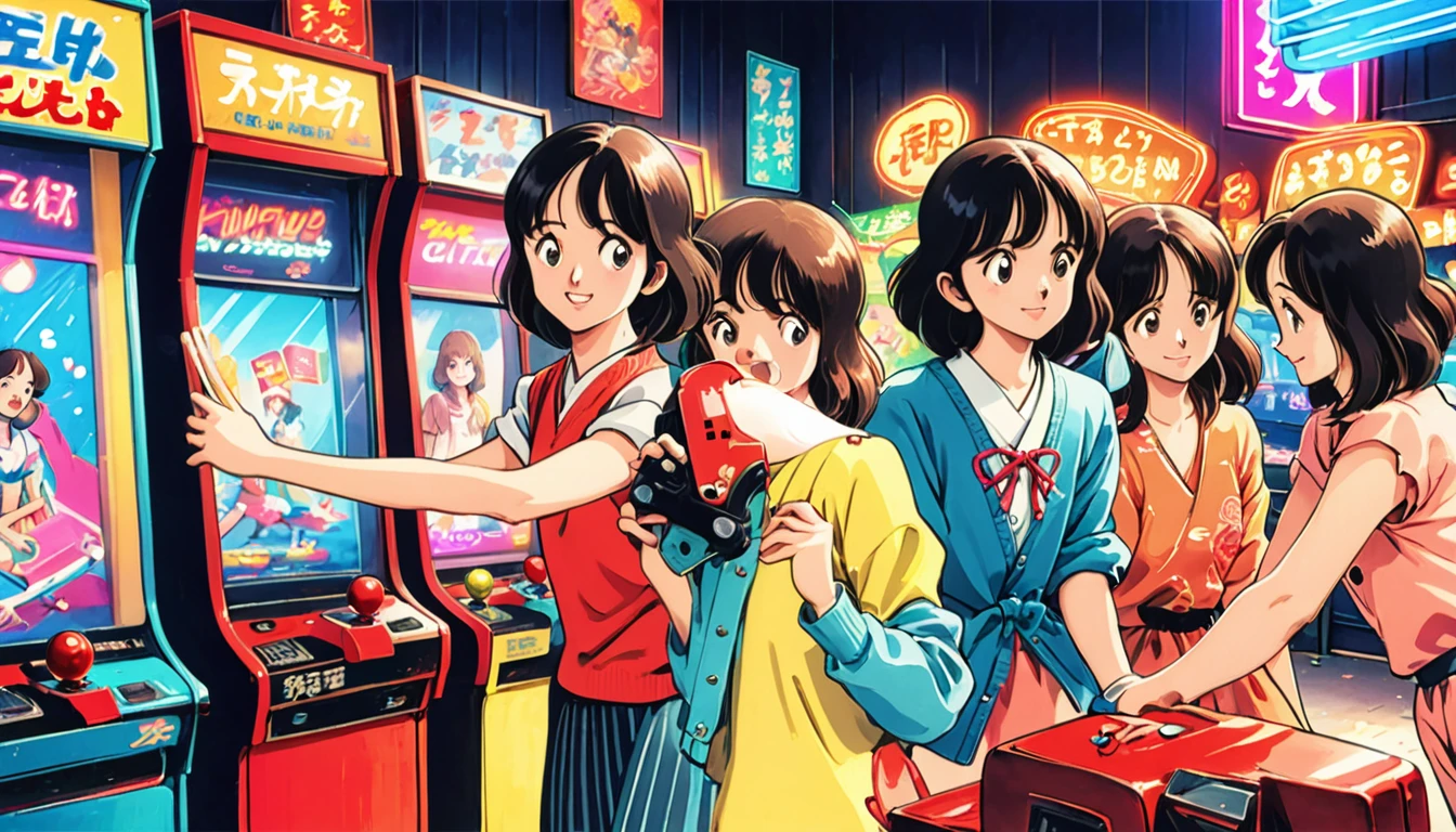 レトロな昭和スタイル, ゲームセンターの女の子, カラフルで感情的な, ビンテージゲーム, ネオンライト, 高解像度, 懐かしくて楽しい, 明るく活気のあるシーン