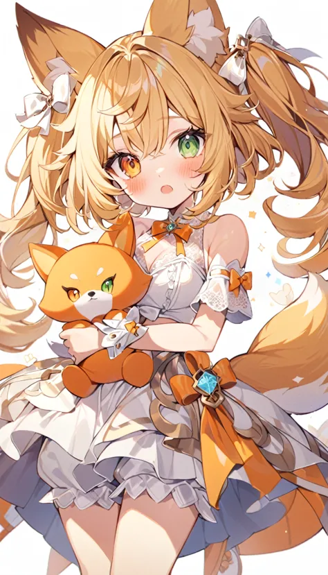 The fox girl,1girl, animal ears, bangs, bare shoulders, blonde hair, blush, bow, breasts, white cleavage, cropped torso, , green...