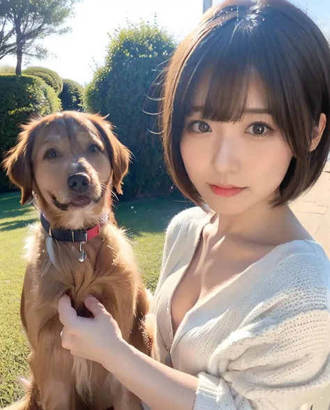 being with a dog、a girl and a dog warming themselves by a bonfire、lens flare、hair blowing in the wind、medium short hair、、express...