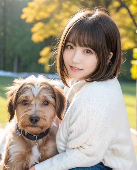 being with a dog、a girl and a dog warming themselves by a bonfire、lens flare、hair blowing in the wind、medium short hair、、express...