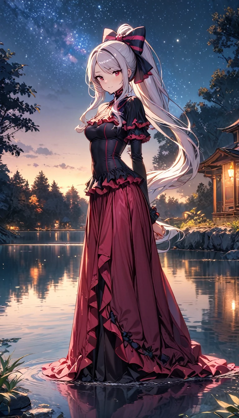 shalltear bloodfallen, shalltearcostume, ponytail, outdoors, (night, starry sky:1.2), masterpiece, arms behind back, best quality, 1girl, full body, closed mouth, lake, reflection, outdoors, official wallpaper