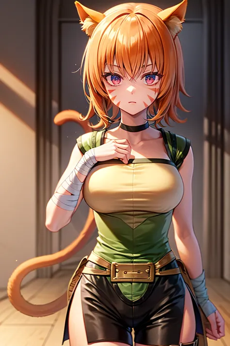 lethe fe, cowboy shot, large breasts, upper body, choker, belt, cat tail, bell, thigh strap, facial mark, bandages, side slit, p...