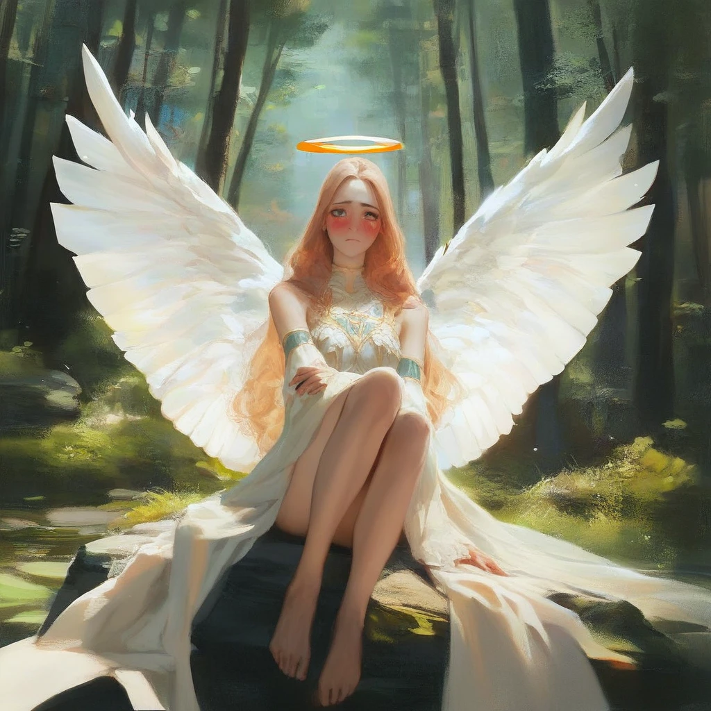 Score_9、score_8_up、score_7_up、score_6_up、score_5_up、score_4_up、1girl angel，With 2 Archangel Wings and Halo，Perfect curves，Wearing white pose，romantic，独奏，Detailed eyes，Looking at the audience，Sitting on the rocks，forest，nature，forest meadow，beauty，Looking at the audience，
Awkward，medium。naughty地Looking at the audience，naughty，giggle，romantic，（blond，Middle parted hair，Straight Hair，Long hair：1.2），Obvious blushing，beauty&#39;s green eyes