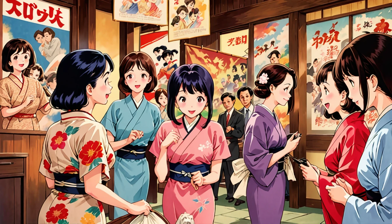 Showa pop culture, group of office ladies, retro kimonos, colorful and emotional, old movie posters, high resolution, nostalgic Japanese theater, vibrant and lively atmosphere