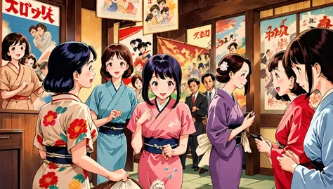 Showa pop culture, group of office ladies, retro kimonos, colorful and emotional, old movie posters, high resolution, nostalgic ...