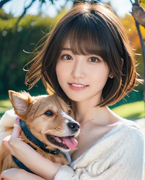 being with a dog、a girl and a dog warming themselves by a bonfire、lens flare、hair blowing in the wind、medium short hair、、express...