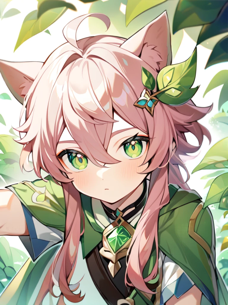 1boy, bangs, choker, gem, green cape, green eyes, green gemstone, hair between eyes, leaf, leaf hair ornament, long hair, looking at viewer, male focus, , pink hair, shirt, short sleeves, solo, upper body,ears , separate green ears, genshin clothes, funny guy , in full growth 