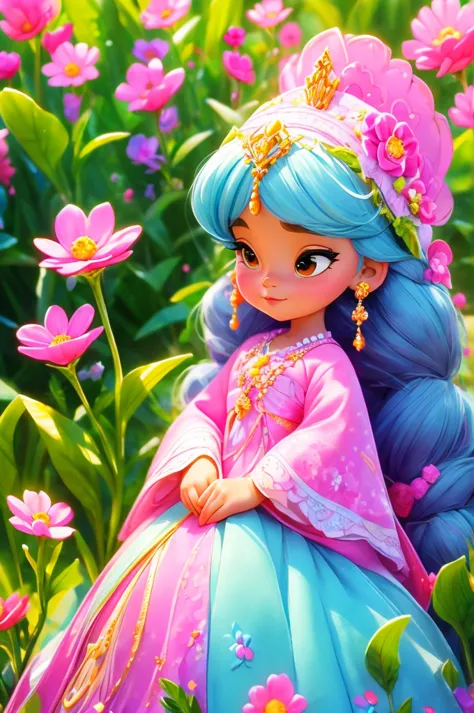 a young 6-year-old princess, full of wonder and magic, is in a field of blooming flowers. her long dress, in the style of disney...