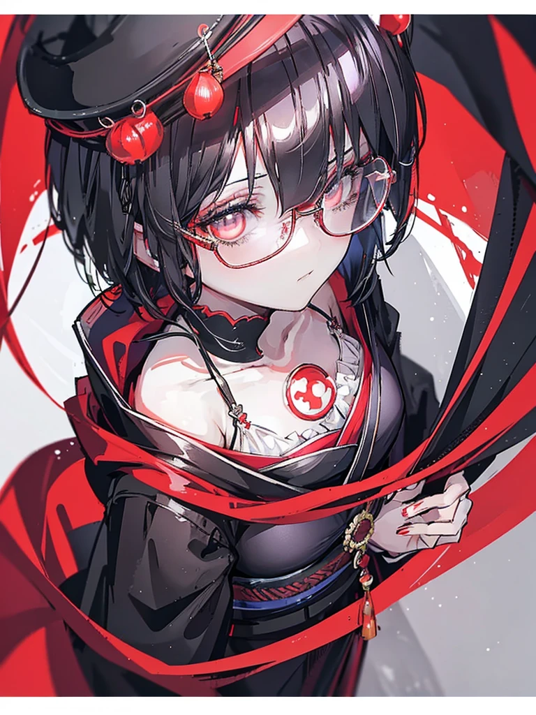 Crea un retrato detallado de una hermosa chica de anime con cabello negro corto., ojos rojo oscuro, lentes de gafas redondas rojas. Ella está vestida con un kimono negro y sostiene un abanico rojo brillante.. El fondo de este retrato debe ser un paisaje urbano nocturno con luces y linternas., Crea una atmósfera de misticismo y belleza nocturna..