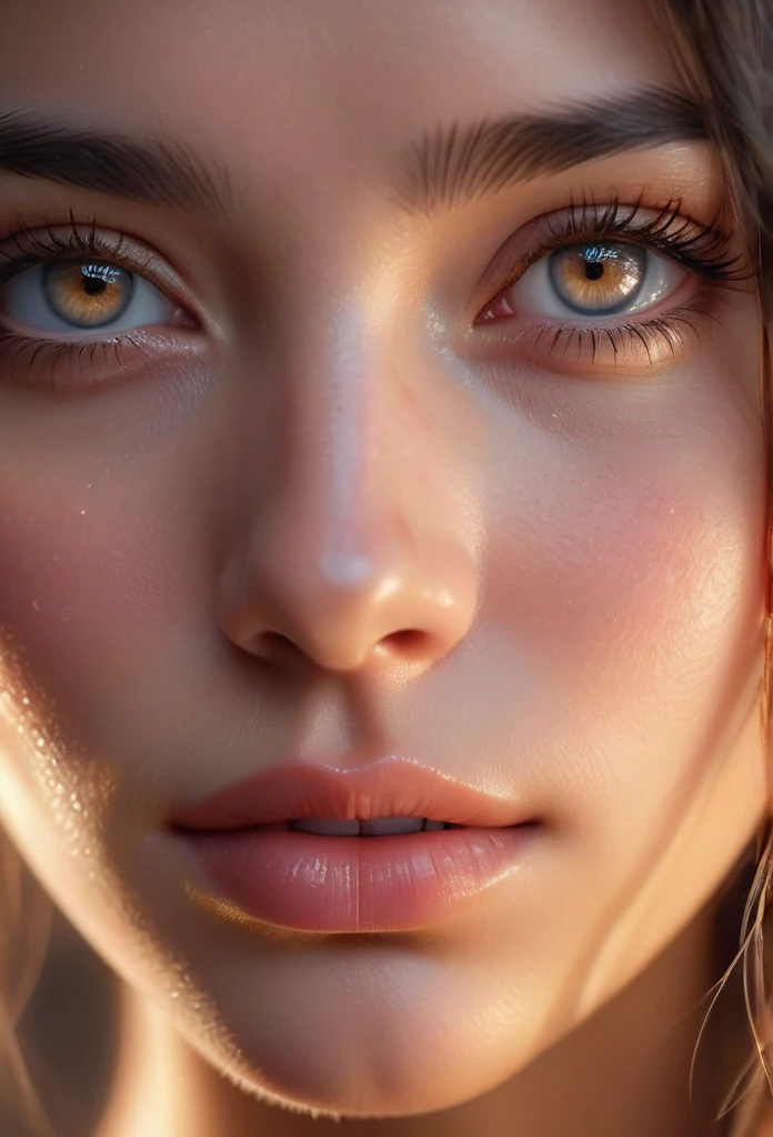 A close-up of a beautiful young woman's face, with a single tear gently rolling down her cheek. Her eyes should be filled with deep emotion, sparkling with unshed tears. Her skin should be smooth and radiant, with detailed textures that enhance the realism. The lighting should be soft and warm, casting a gentle glow that highlights her delicate features and the tear. The background should be softly blurred, keeping the focus entirely on her expressive face. Include subtle details like stray hairs softly framing her face to add to the overall beauty and emotion of the scene.,(masterpiece:1.3),(highest quality:1.4),(ultra detailed:1.5),High resolution,extremely detailed,unity 8k wallpaper,