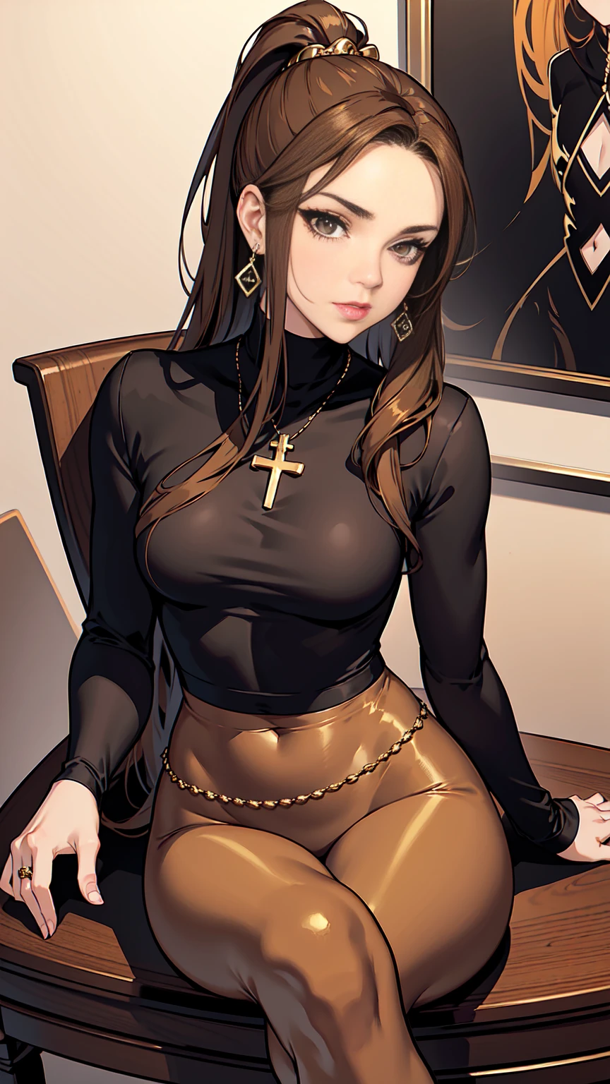 Beautiful woman with mid straight ponytail brown hair with brown eyes wearing Black Tight Leggings, Sexy Mock Neck Mid Sleeves Orange Blouse,18k gold wedding ring on left hand, sitting on a chair with cross-legged in her office room at night, (caucasian skin), (light brown lipstick), (elegant mascara), (slim body), (small breasts), (wide hips), midjourney, <lora:GoodHands-, <lora:GoodLegs-, UHD, high resolution, (expressive eyes, perfect face, full body, expressive face, perfect body, perfect pussy, athletic, fit, slim body, blushing, Perfect makeup, eyeliner, beautiful eyelashes, smiling, horny face), ((best illumination, best shadows)), ((sexy pose))