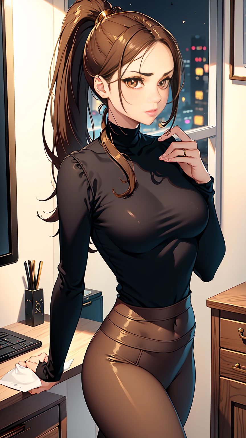 Beautiful woman with mid straight ponytail brown hair with brown eyes wearing Black Tight Leggings, Sexy Mock Neck Mid Sleeves Orange Blouse,18k gold wedding ring on left hand, standing with cross-legged in her office room at night, (caucasian skin), (light brown lipstick), (elegant mascara), (slim body), (small breasts), (wide hips), midjourney, <lora:GoodHands-, <lora:GoodLegs-, UHD, high resolution, (expressive eyes, perfect face, full body, expressive face, perfect body, perfect pussy, athletic, fit, slim body, blushing, Perfect makeup, eyeliner, beautiful eyelashes, smiling, horny face), ((best illumination, best shadows)), ((sexy pose))