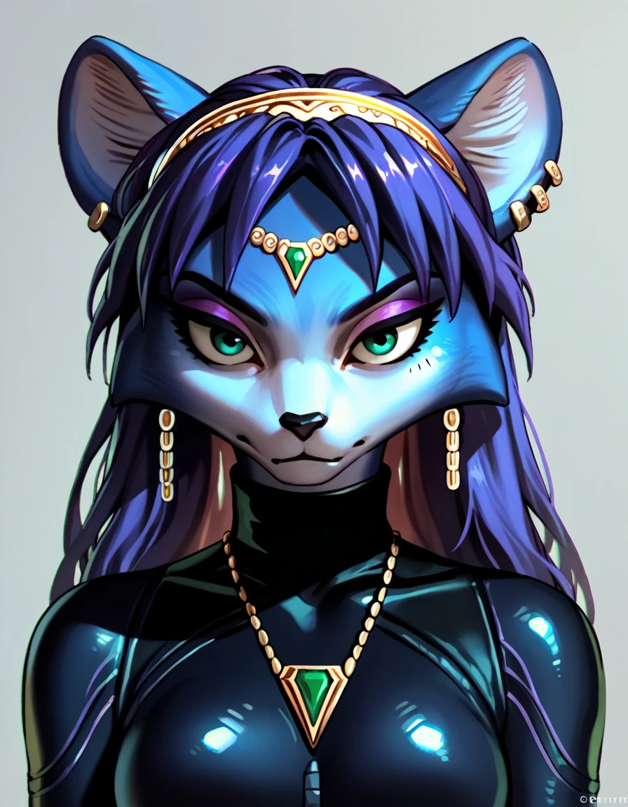 score_9, score_8_up, score_7_up, score_6_up, score_5_up, score_4_up, Krystal swift, violet hair, hair, long hair, purple eyeliner, black leather suit, silver circlet, green gemstone, ear piercing, gritty, dark, rating_questionable
