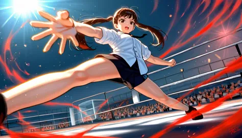 1girl, twintail girl, fighting, high kick, anime style, perfect face, long eyelashes, cinematic angle, cinematic lighting, cinem...