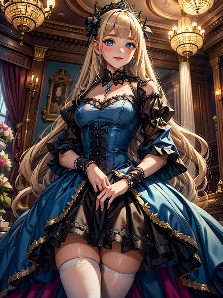 prompt: 8K resolution, Delicate features, , single, Unique pupils, smile, blonde, Princess Cut, Ribbon hair ornament, brooch, Shiny candy blue dress, Gold embroidery,Lolita Style, Gothic style, Facing the audience, Otaku Room, Female demon