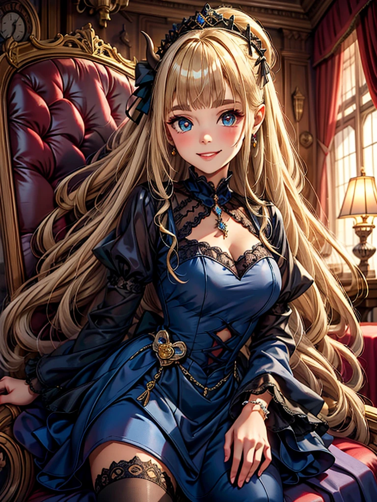 rapide: Résolution 8k, traits délicats, , célibataire, élèves uniques, sourire, blond, coupe princesse, ornement de cheveux en ruban, broche, Robe bleu bonbon brillante, broderie dorée,Style lolita, style gothique, face au public, salle des otakus, démon femelle