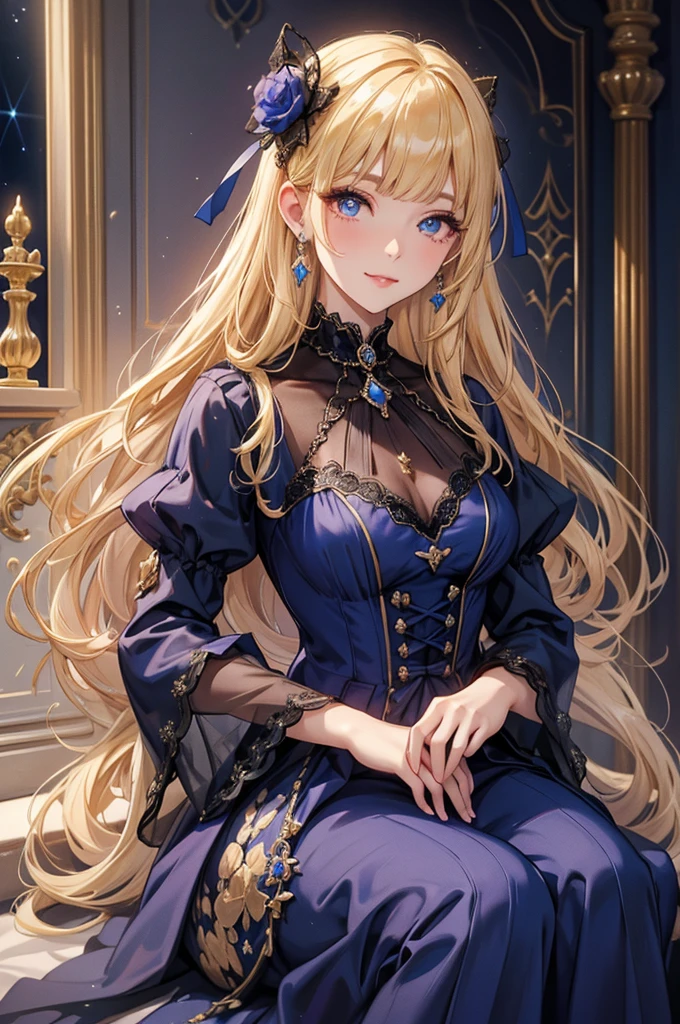 prompt: 8K resolution, Delicate features, , single, Unique pupils, smile, blonde, Princess Cut, Ribbon hair ornament, brooch, Shiny candy blue dress, Gold embroidery,Lolita Style, Gothic style, Facing the audience, Otaku Room, Female demon