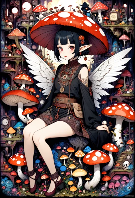 horror painting , in the style of  takato yamamoto, style of ravi zupa, super cute pixie,sitting on a mushroom [ hyperdetailed t...