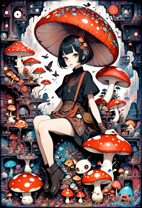 horror painting , in the style of  takato yamamoto, style of ravi zupa, super cute pixie,sitting on a mushroom [ hyperdetailed t...