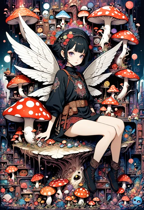 horror painting , in the style of  takato yamamoto, style of ravi zupa, super cute pixie,sitting on a mushroom [ hyperdetailed t...